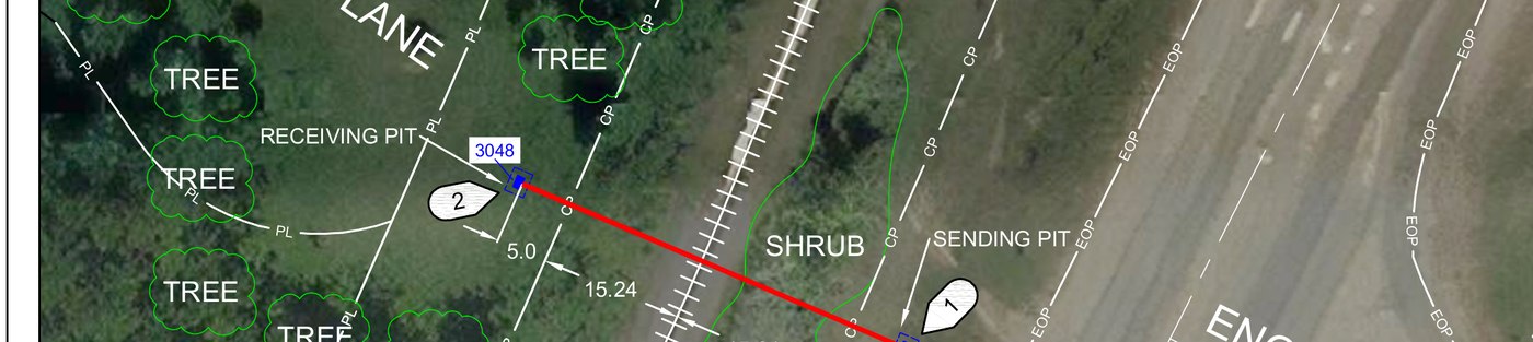 Excerpt from the England Way CP Rail crossing engineering drawing, showing the directional-bore route between the sending and receiving pits